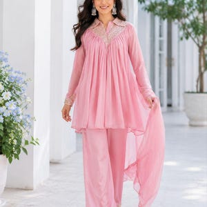 Baby Pink Chinon Kurta Palazzo Set, Embroidery Sequence Work, Festive Wear