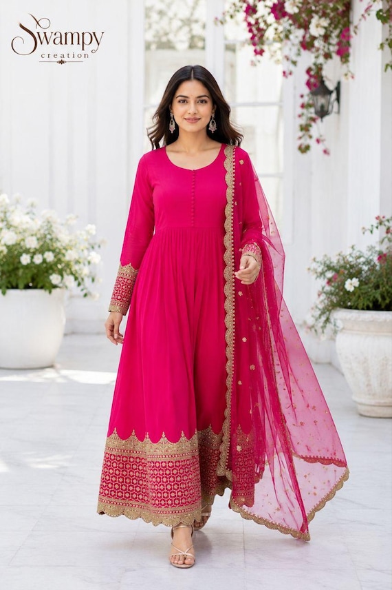 hot pink anarkali dress Embroidered Suit with Dupatta 25_add