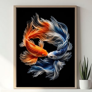 Yin Yang Koi Fisch Digital Art Print | Orange und Blau Betta Fisch Wandkunst | Druckbares Poster | Zen-Buddhismus Fisch Gemälde | Sofort Download