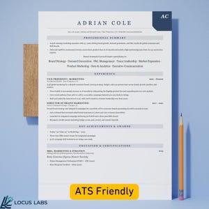 May include: A professional resume template for Adrian Cole featuring sections for professional summary, experience, key achievements, and education. The document includes the text ATS Friendly at the bottom and is displayed with a yellow pencil.
