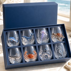 Handgeblasenes 3D-Glasbecher-Set mit Meeresmotiven, 8-teilig, Geschenkbox aus Borosilikatglas, Geschenk für Meeresliebhaber, Dekoration für Strandhäuser
