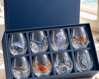 Handgeblasenes 3D-Glasbecher-Set mit Meeresmotiven, 8-teilig, Geschenkbox aus Borosilikatglas, Geschenk für Meeresliebhaber, Dekoration für Strandhäuser