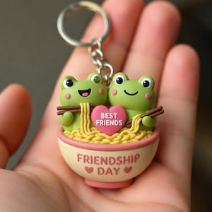 May include: A keychain featuring two green frogs in a cream-colored bowl of yellow noodles. The frogs hold brown chopsticks, and a pink heart between them reads BEST FRIENDS. The bowl is rimmed in pink and says FRIENDSHIP DAY with two hearts.