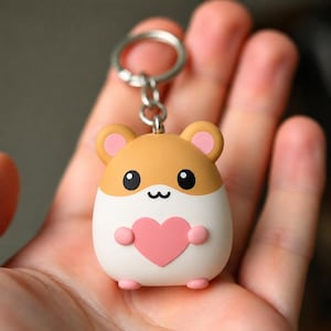 May include: A keychain featuring a small, rounded hamster figurine with tan and white coloring. The hamster has black eyes, a small mouth, and pink inner ears. It holds a pink heart against its white belly, and small pink feet are visible at the base.