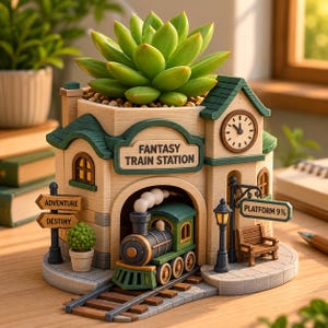 May include: A beige train station planter with a green roof and a succulent. It features a green steam locomotive, a clock, a bench, and signs reading FANTASY TRAIN STATION, ADVENTURE, DESTINY, and PLATFORM 9 3/4. The structure includes a chimney.