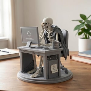 Könnte beinhalten: Eine graue Skelettfigur, die an einem Schreibtisch sitzt. Der Computermonitor zeigt ein Ladesymbol und den Text UPDATING. Das Skelett trägt einen zerfetzten Umhang, hält eine Tasse mit der Aufschrift PLEASE WAIT und hat einen Zettel mit NOT DEAD JUST UPDATING.