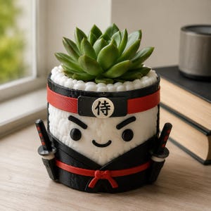 May include: A cylindrical planter shaped like a ninja, featuring a white textured body, a black and red outfit, and two small swords on the sides. The front displays a black headband with the Japanese character 侍 and a green succulent plant on top.