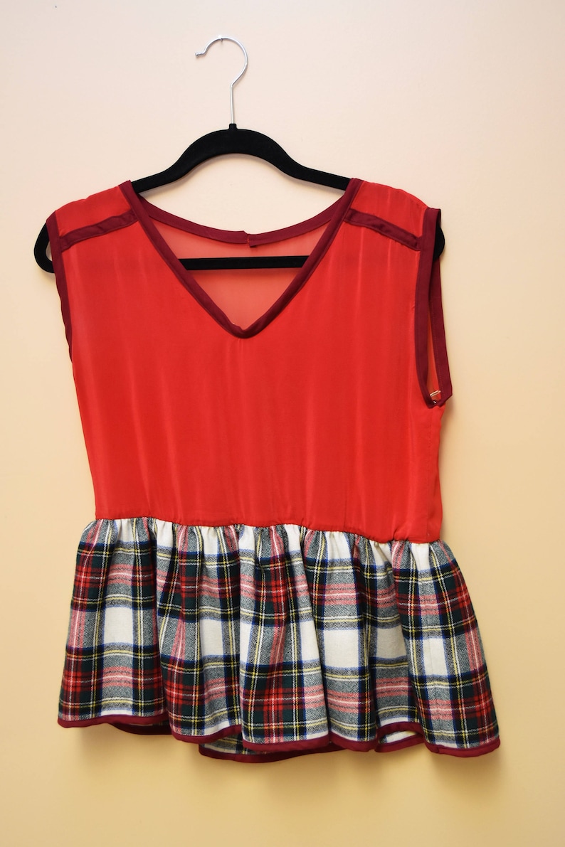 Red and Plaid Sleeveless Top Large Upcycled Handmade Sleeveless Top Sheer Back