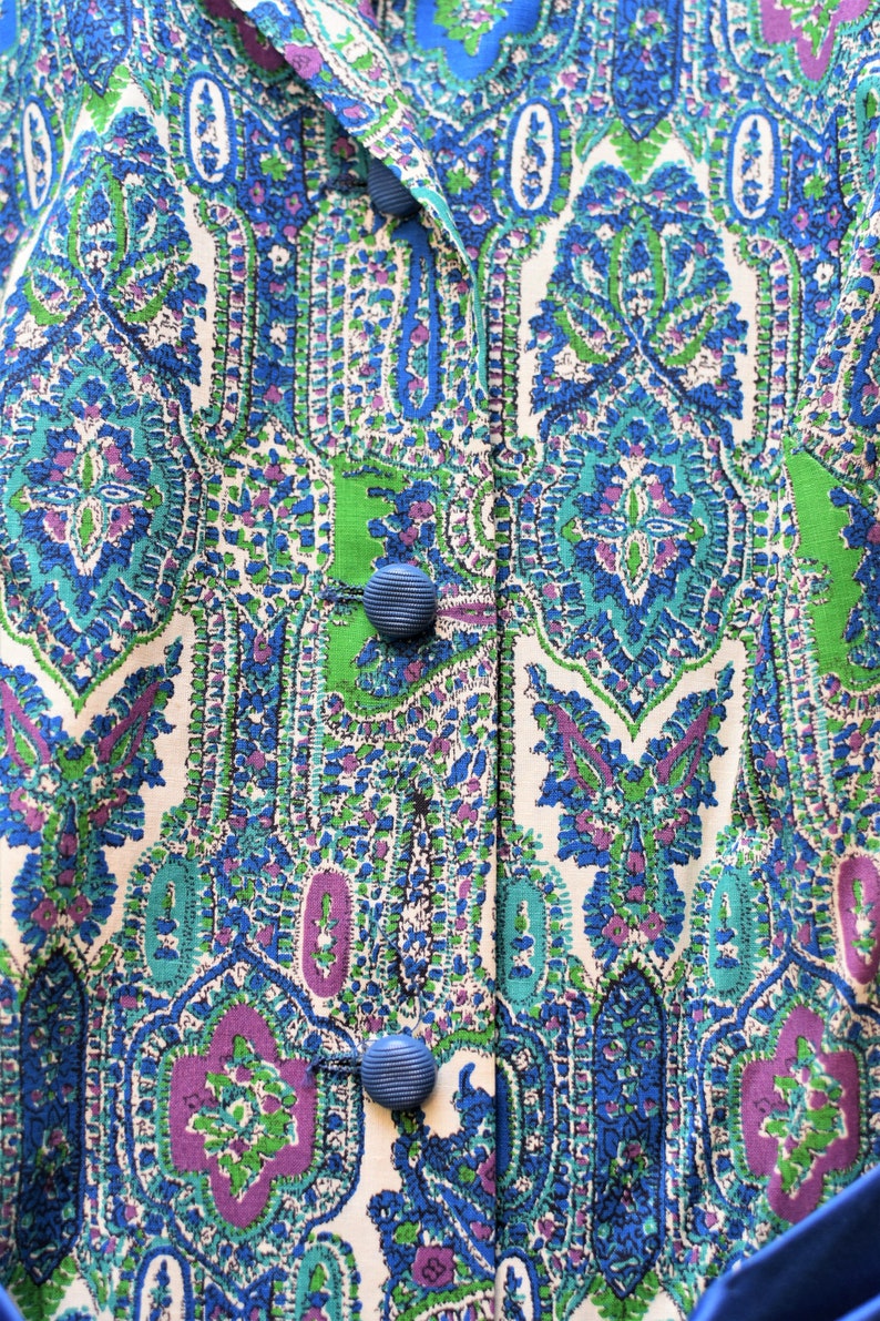 Blue Printed Russ Waterman dress with Satin Belt Vintage Shirt Dress
