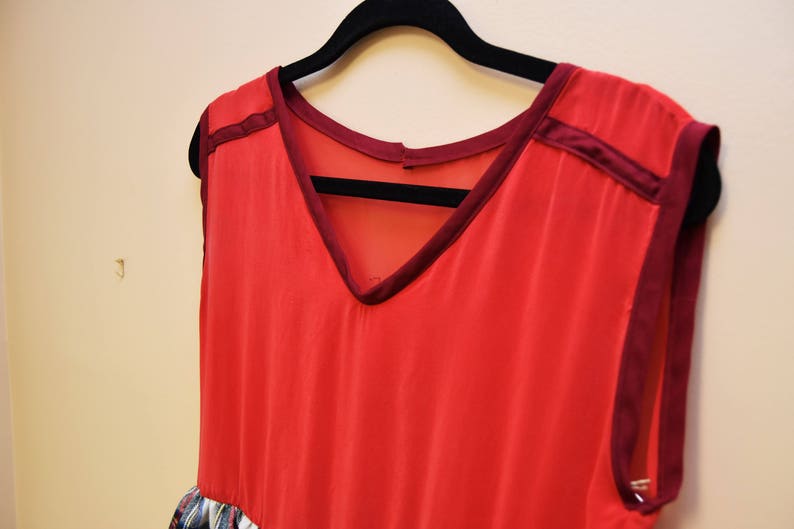 Red and Plaid Sleeveless Top Large Upcycled Handmade Sleeveless Top Sheer Back