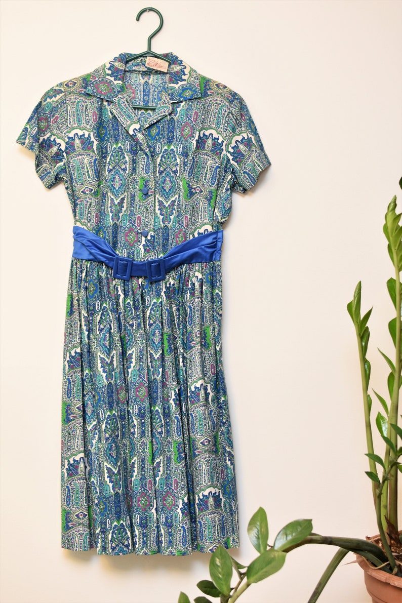 Blue Printed Russ Waterman dress with Satin Belt Vintage Shirt Dress
