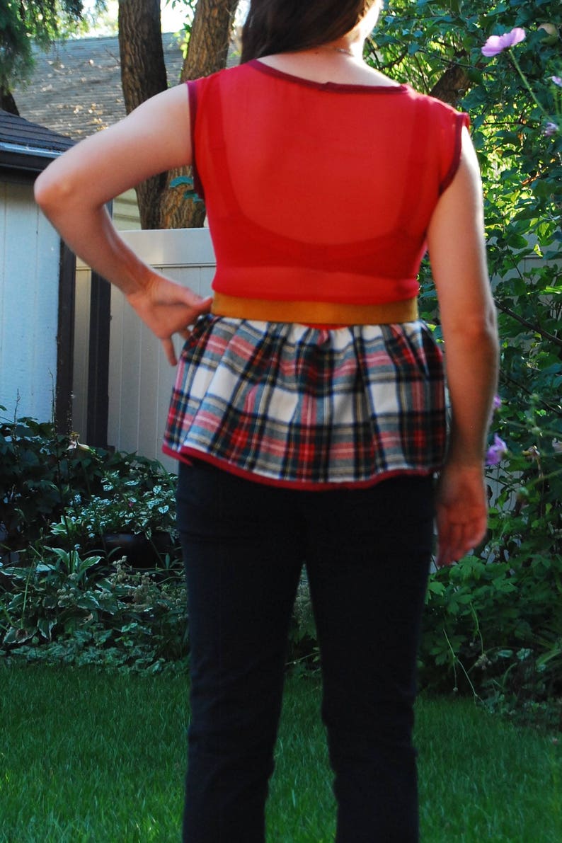 Red and Plaid Sleeveless Top Large Upcycled Handmade Sleeveless Top Sheer Back