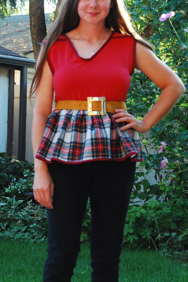 Red and Plaid Sleeveless Top Large Upcycled Handmade Sleeveless Top Sheer Back