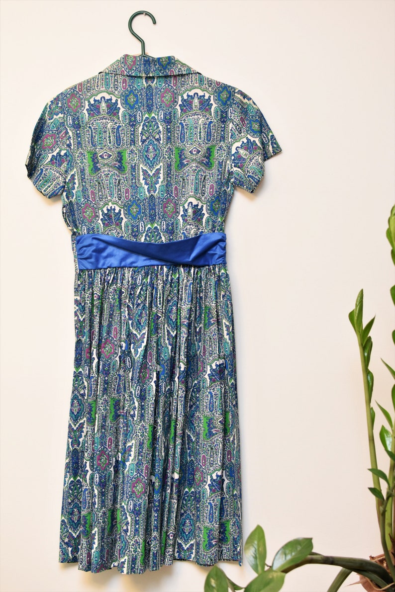 Blue Printed Russ Waterman dress with Satin Belt Vintage Shirt Dress