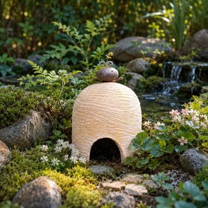 May include: A beige, textured garden ornament shaped like a beehive, with a small opening and a decorative stone on top. The stone has a metal swirl design. The ornament is surrounded by greenery, rocks, and a small stream.