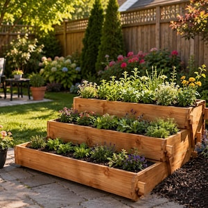 May include: A tiered wooden planter filled with various green plants and colorful flowers. The planter is made of light brown wood and is set on a brick patio in a sunny garden setting. A wooden fence and lush greenery are in the background.