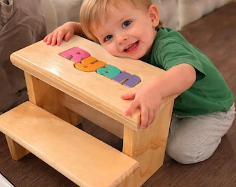 Personalized 2-Step Puzzle Name Stool – Custom Wooden Step Stool with Color Options for Kids