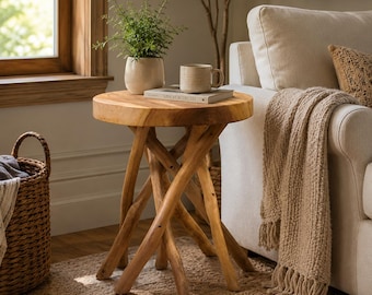 Handmade Teak Branch End Table | Natural Wood Accent Side Table, Rustic Home Decor Gift