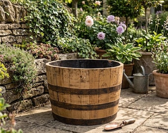 Half Whiskey Barrel Planter – Rustic Wooden Garden Pot for Flowers & Plants