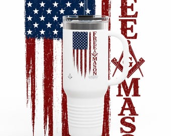 Masonic American Flag 40oz Insulated Travel Mug | Freestanding Laser Engraved Square & Compasses Tumbler | Fraternal Lodge Gift