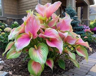Variegated Pink Green Perennial Plant Bulbs, Exotic Ornamental Flower, Heart-Shaped Leaves