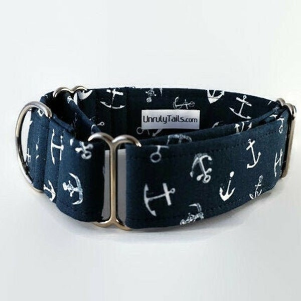 Anchors on Navy - White Anchors on Blue Adjustable Dog Collar - Martingale Collar or Side Release Buckle Collar  - Nautical Summer Collar  -