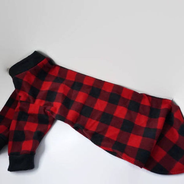 Buffalo Plaid Red Fleece Sighthound Pajamas - 2 legged PJs for greyhounds, whippets & similar shaped breeds
