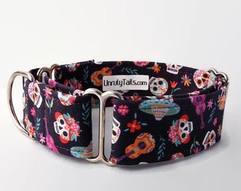 Sugar Skulls Adjustable Dog Collar - Martingale Collar or Side Release Buckle Collar - Calaveras - Skeletons on Black