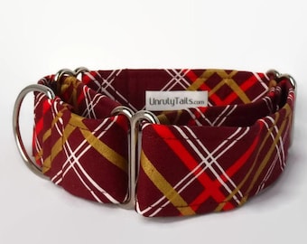 Collar de perro ajustable a cuadros de pajarita de color borgoña y oro - Collar martingala o collar de hebilla de liberación lateral - Oro metálico / rojos - Cuadros navideños