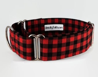 Buffalo Plaid Adjustable Dog Collar - Martingale Collar or Side Release Buckle Collar  - Red & Black plaid