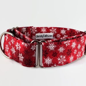 Snowflakes on Red Adjustable Dog Collar - Martingale Collar or Side Release Buckle Collar -