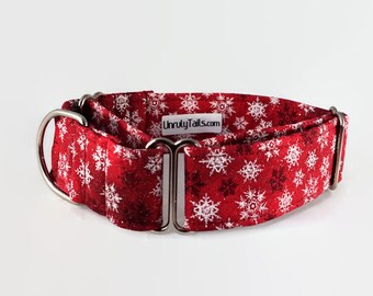 Snowflakes on Red Adjustable Dog Collar - Martingale Collar or Side Release Buckle Collar -