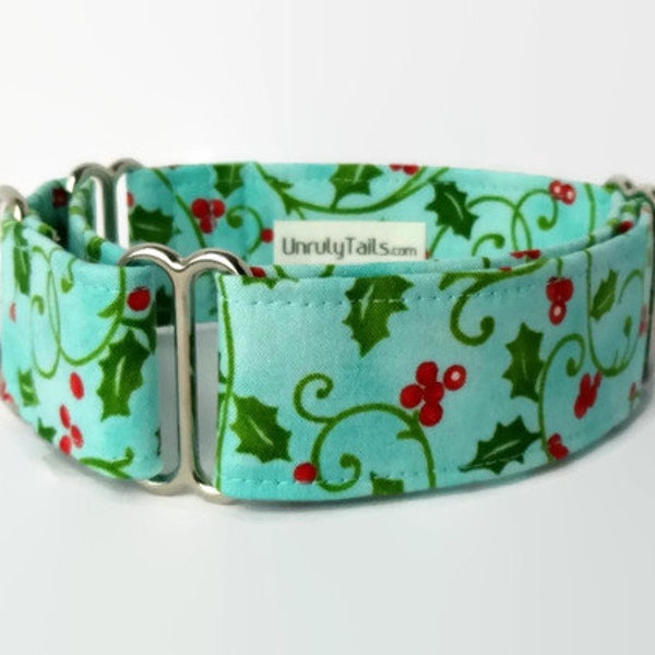 Holly on light Blue Adjustable Dog Collar - Martingale Collar or Side Release Buckle Collar - Green Holly leaves & Vines with Red Berries