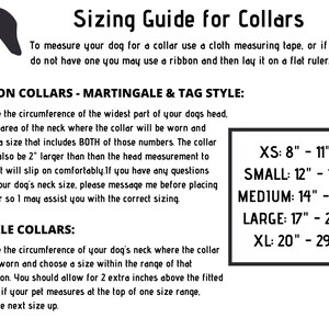 Puede incluir: Gu&iacute;a de tallas para collares de perro con medidas en pulgadas. La gu&iacute;a incluye dos estilos de collares: martingala de deslizamiento y etiqueta, y collares de hebilla. La tabla muestra los tama&ntilde;os de los collares de extra peque&ntilde;o a extra grande.