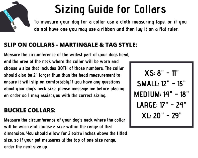 Puede incluir: Gu&iacute;a de tallas para collares de perro con medidas en pulgadas. La gu&iacute;a incluye dos estilos de collares: martingala de deslizamiento y etiqueta, y collares de hebilla. La tabla muestra los tama&ntilde;os de los collares de extra peque&ntilde;o a extra grande.