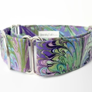 Purple Peacock Custom Dog Collar - Martingale Collar or Side Release Buckle Collar -  Purple swirls with blues & greens