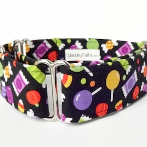 Halloween Candy Adjustable Dog Collar - Martingale Collar or Side Release Buckle Collar - Colorful candies tossed on black