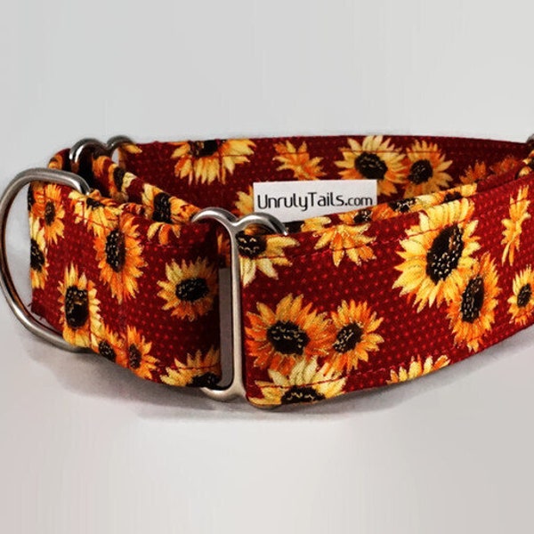 Autumn Sunflowers Adjustable Dog Collar - Martingale Collar or Side Release Buckle Collar - Sunflowers on Red