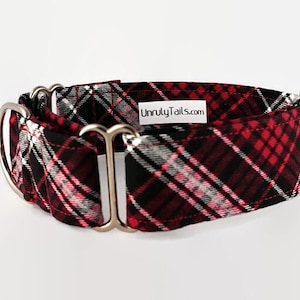 Red, Black & White Bias Plaid Adjustable Dog Collar - Martingale Collar or Side Release Buckle Collar  -