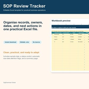 May include: An SOP Review Tracker Excel template featuring a workbook preview with columns for document owner, version, status, and target review dates. The layout includes text headers, buttons for instant download, editable .xlsx, and no macros.
