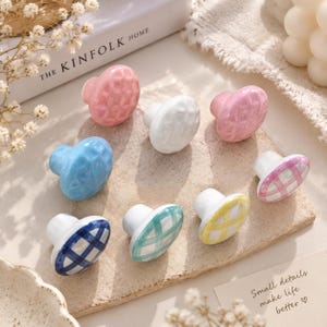 Ceramic Drawer Knobs Gingham Dresser Pulls for Nursery Kids Room Decor Pastel Cabinet Hardware Farmhouse Furniture Knobs