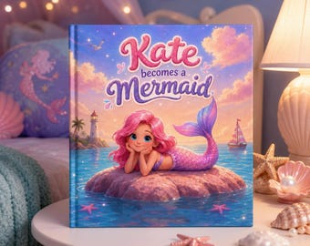 Könnte beinhalten: Ein Kinderbuch mit festem Einband und dem Titel Kate becomes a Mermaid, das eine Meerjungfrau mit rosa Haaren auf einem Felsen im Ozean zeigt. Das Coverbild zeigt einen Leuchtturm, ein Segelboot und einen Sonnenuntergangshimmel auf einem Tisch.
