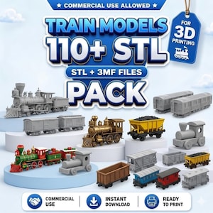 May include: A digital collection of over 110 train model files for 3D printing, labelled as a Train Models 110+ STL Pack. The image displays various miniature train engines and railcars in grey, gold, and multi-coloured finishes on white pedestals.