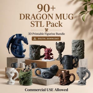 Pode incluir: Uma coleção de canecas e figuras com tema de dragão imprimíveis em 3D em várias cores e texturas. O texto diz 90+ DRAGON MUG STL Pack, 3D Printable Figurine Bundle, DIGITAL DOWNLOAD e Commercial USE Allowed. Itens com designs de dragões.