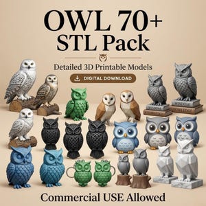 Può includere: Una collezione di modelli di gufi stampabili in 3D con vari stili, colori e texture. Il testo recita OWL 70+ STL Pack, Detailed 3D Printable Models, DIGITAL DOWNLOAD e Commercial USE Allowed. I gufi sono raffigurati in grigio, blu, verde e marrone.