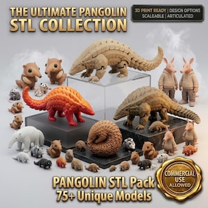 May include: A digital collection of 3D printable pangolin models featuring various poses, sizes, and colors including tan, orange, and white. The image includes text reading THE ULTIMATE PANGOLIN STL COLLECTION and PANGOLIN STL PACK 75+ UNIQUE MODELS.