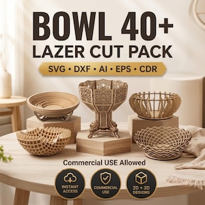 Bowl 40 Plus Laser Cut Pack - SVG DXF EPS ai cdr-filer - Glowforge CNC-fräs träkorgmallar - Vektorpaket för kommersiellt bruk
