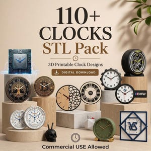 Puede incluir: Una colección digital de más de 110 diseños de relojes imprimibles en 3D titulada 110+ CLOCKS STL Pack. La imagen muestra varios estilos de relojes, incluyendo un reloj con forma de neumático, un diseño de árbol de la vida y relojes geométricos.