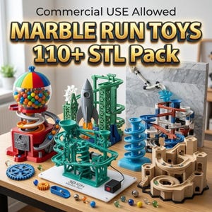 Pode incluir: Uma coleção de brinquedos de pista de berlindes impressos em 3D, incluindo uma pista estilo máquina de pastilhas, uma torre de foguetão, um mecanismo verde de engrenagens, uma espiral azul e um castelo bege com berlindes e engrenagens.