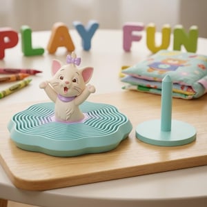 May include: A white cat figurine with a purple bow and collar, positioned in the center of a light blue, wavy, flower-shaped base. Beside it sits a light blue vertical post on a circular base. The background features colorful crayons and a small fabric pouch.
